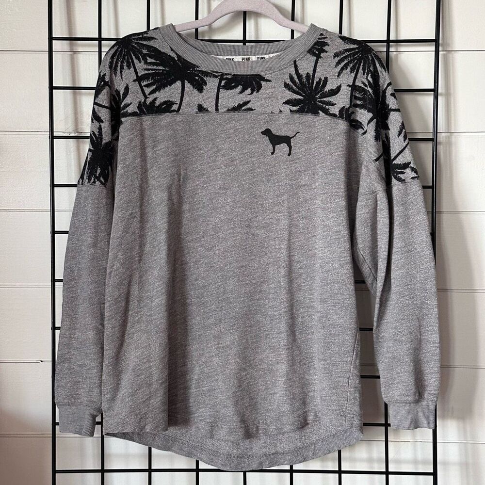 PINK Victoria's Secret Palm Tree Dog Varsity Crew‎ Sweatshirt Womens XS Grey